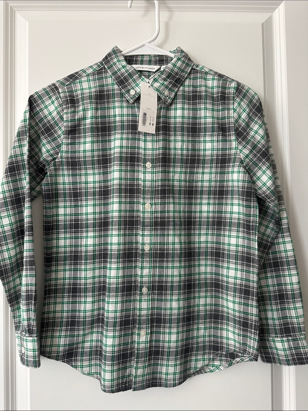 New Janie & Jack Green/Black Brushed Cotton Button Down Shirt, Size 10.
